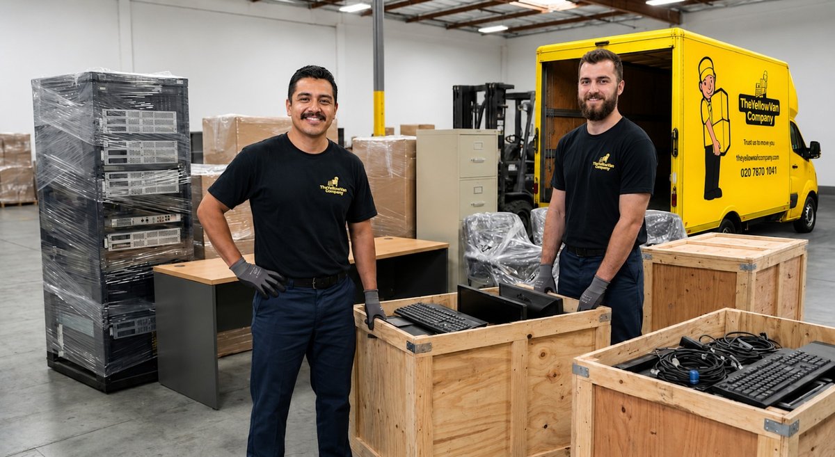 Two Yellow Van Company team members collecting items from a London commercial warehouse for clearance and licensed disposal &mdash; warehouse clearance, stock disposal and end-of-lease commercial removals