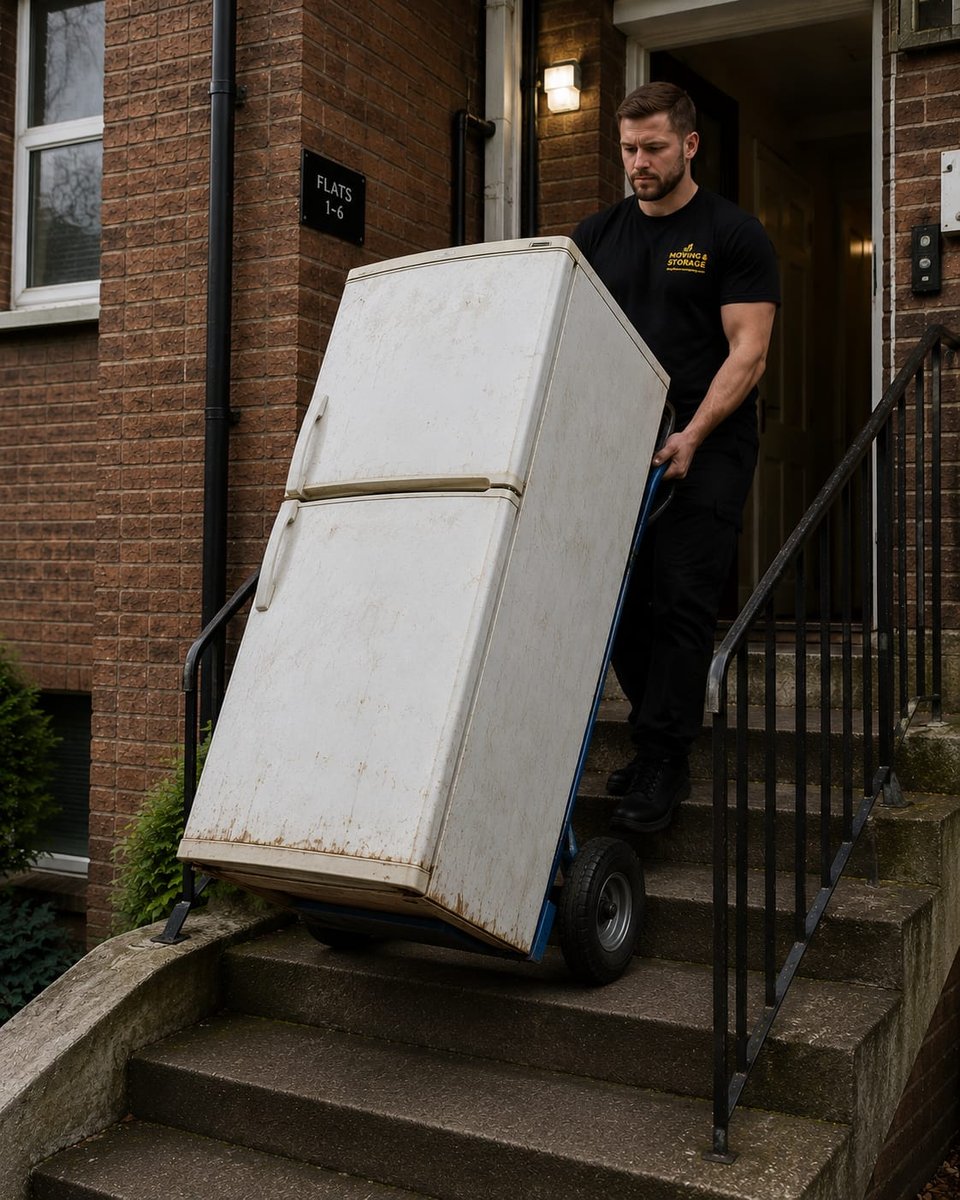 Yellow Van Company team removing an old fridge from a London home after the customer&rsquo;s replacement appliance arrived &mdash; fridge and white goods removal and responsible disposal across London