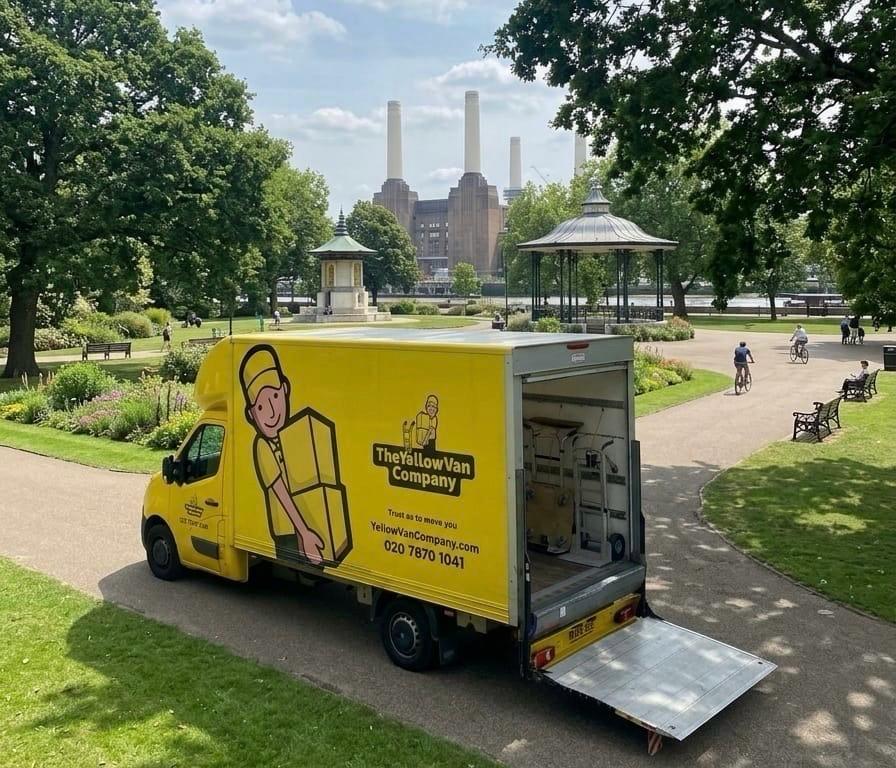 Yellow Van Company branded removal van at Battersea Park &mdash; trusted SW11 removals from a family-run London firm since 2011