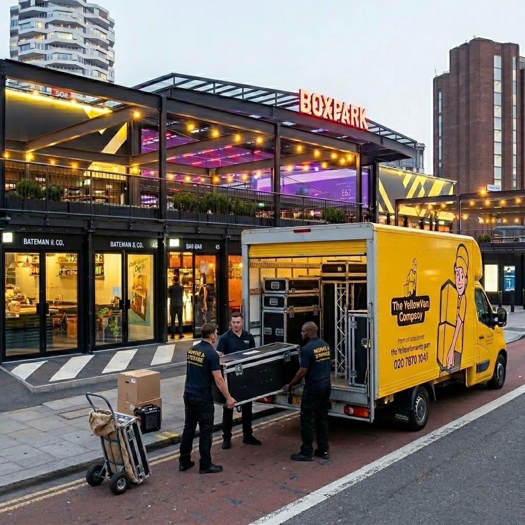 Yellow Van Company branded removal van at BoxPark Croydon &mdash; family-run Croydon removals firm serving CR0, CR9 and South London since 2011