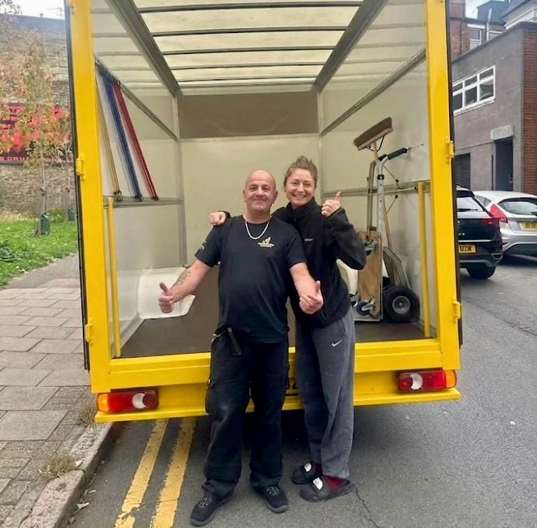 Neil, The Yellow Van Company's longest-serving driver, with a happy regular Mitcham customer after another successful CR4 removal &mdash; family-run team trusted across SM4 and South London since 2011