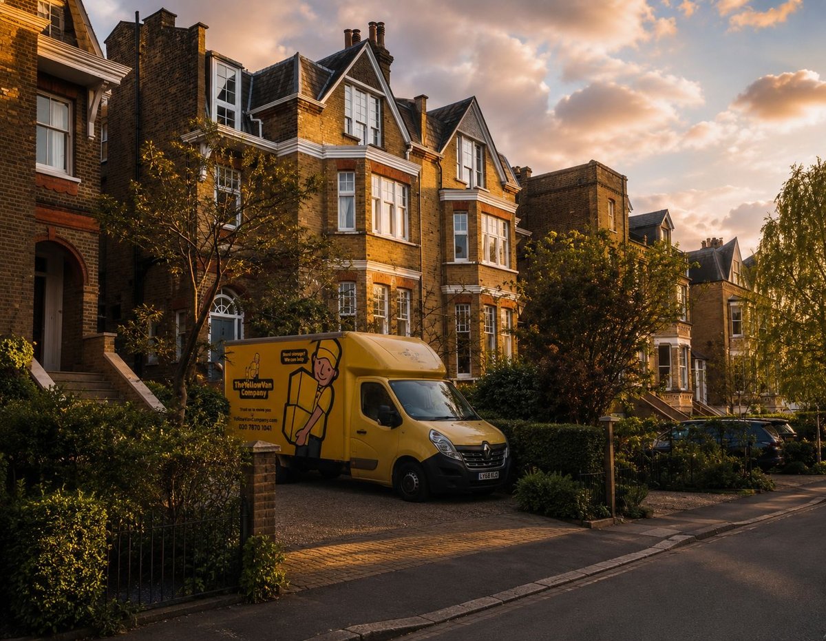 Yellow Van Company branded removals van parked outside a residential property in Wimbledon during an evening house move &mdash; trusted SW19 London home removals service since 2011