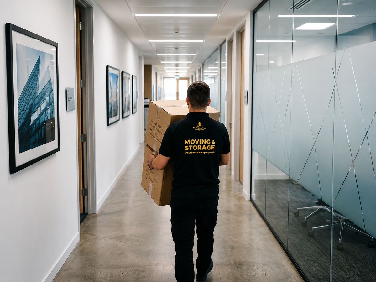 Yellow Van Company mover carrying a labelled box along an office hallway during a London office relocation &mdash; professional, careful, fully insured office removals