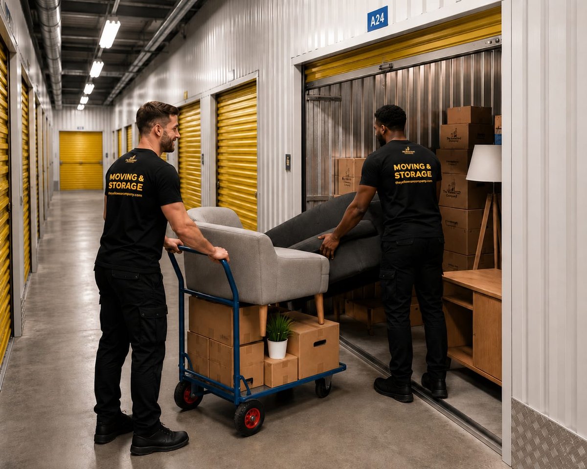 Yellow Van Company uniformed movers at the doors of a clean, well-lit South London self storage unit &mdash; secure household and business storage in Mitcham with full collection and delivery service